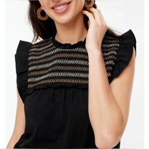J. CREW Ruffle-Sleeve Smocked Black Cream Top Cotton Size Medium